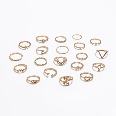 Retro V-shaped Leaf Eye Geometric Circle Moon Ring 20-piece Ring Set