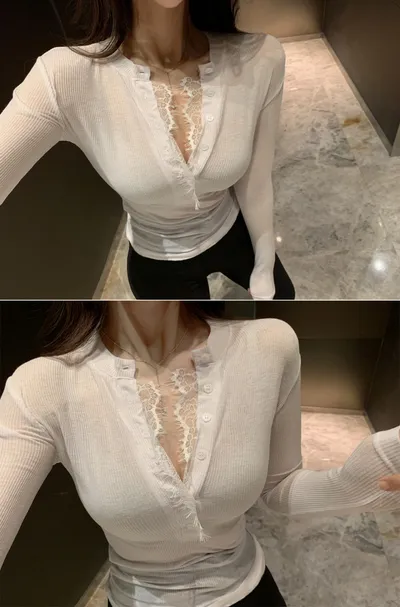 Lace Trim Half-open Collar Slim T-Shirt Women's