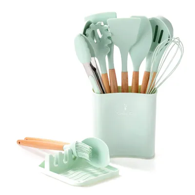 Kitchen Wooden Handle Kitchenware Set With Storage Square Bucket