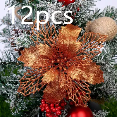 زهور عيد الميلاد الاصطناعية اللامعة، زينة شجرة عيد الميلاد للمنزل، زهور صناعية، زينة عيد الميلاد، ديكور رأس السنة الجديدة