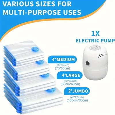 Eco-Friendly Clothes And Bedding Space-Saving Compression Bags, 4 Medium Bags, 4 Large Bags, 2 Extra Large Bags With Pump