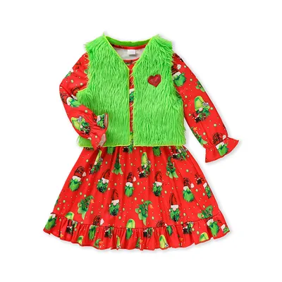 Toddler Kids Baby Girl Christmas Dress Outifts, Long Sleeves Cartoon Prints Party Dress With Heart Print Vest Coat Xmas Clothes Set