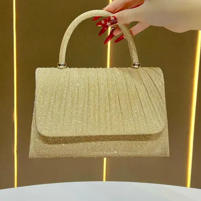 Festival Gold Crinkle Handbag - Party Must-Have Dressy Clutch, Elegant Shoulder Bag For Banquet