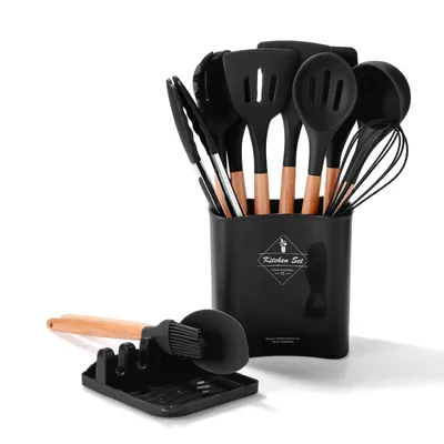 Kitchen Wooden Handle Kitchenware Set With Storage Square Bucket