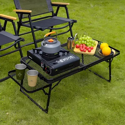 Portable Camping Table Folding Storage Outdoor Desk Mesh Top Height Extendable