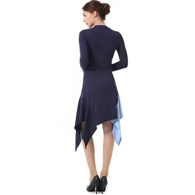 Round Neck Color Block Long Sleeve Irregular Dress