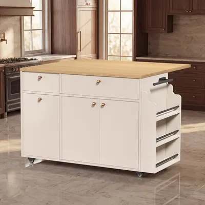 Kitchen Island With Storage Rolling Kitchen Island Cart With Drop Leaf Extension, Natural Wood Top, Drawers, Spice Rack, Towel Bar, Mobile Kitchen Cart For Kitchen & Dining Room, White