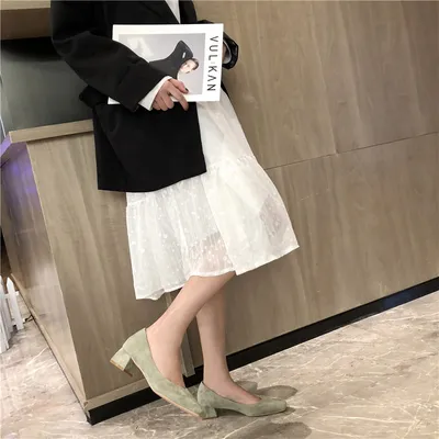 Square Toe Chunky Heel Suede Single Shoes Versatile Mid-heel Shoes