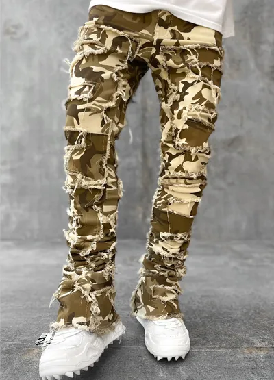 Ins Fringes Ripped Trousers Individual Patched Pants Long Tight Fit Stacked Jeans For Mens Clothing