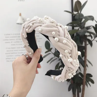 Golden velvet fabric beaded hair band