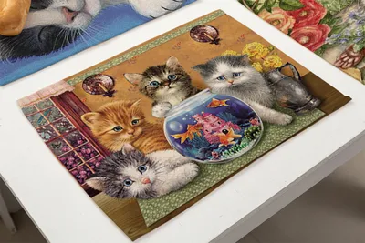 Fabric Cotton Linen Western Placemat Cute Cat Print First-hand Supply Tableware Mat Factory Wholesale