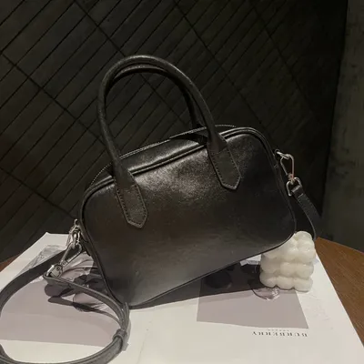 Cross-border Top-grain Leather Bowling Bag, Vintage And Simple Boston-style Small Handbag, Can Be Carried By Hand, Used For Commuting, Single Shoulder, Or Crossbody