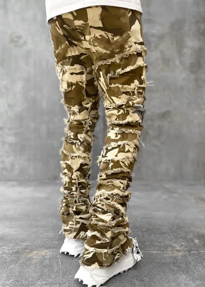 Ins Fringes Ripped Trousers Individual Patched Pants Long Tight Fit Stacked Jeans For Mens Clothing