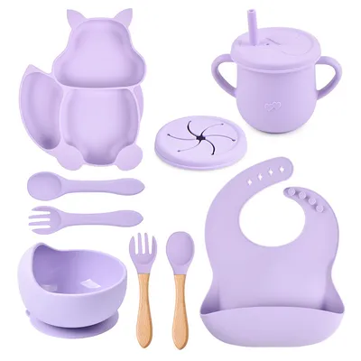8 PCs Babies' Tableware Set Squirrel Dinner Plate Cup With Straw Silicone Bowl Bib Compartment Tray Spoon Fork Baby Bowl Wholesale