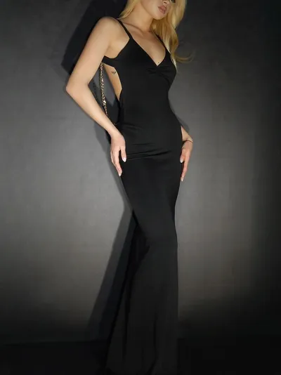Black Sleeveless Backless Maxi Dress With Chain Detail