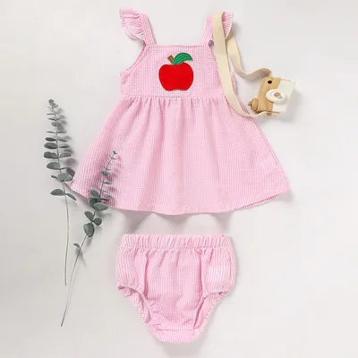 Kids Baby Girl Back To School Outfit, First Day Of School, Summer Ruffle Sleeves Applique Top & Shorts Set