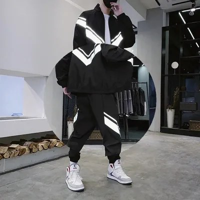 Casual Reflective Jacket Trousers Sports Men's Two Piece Set