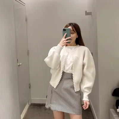 All-match Pearl Trimming Temperament Outer Knit Cardigan Jacket