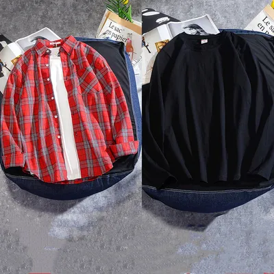 Spring And Autumn Ins Plaid Shirt Men's Long Sleeve
