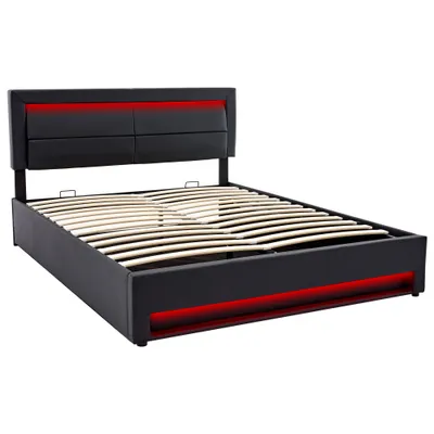 Upholstered Bed 150 X 200 Cm, King Size Bed-5ft,with USB Port Supports Wireless And Wired Charging, With LED Lighting And Storage Space, Without Mattress, PU Lychee Pattern, Black