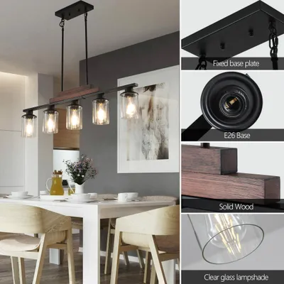 37  Farmhouse Industrial 5-Light Kitchen Island Pendant Light, Metal Wood Chandelier With Clear Glass Shades, Adjustable Height Hanging Fixture For Dining Room, Living Room, Kitchen  No Bulbs