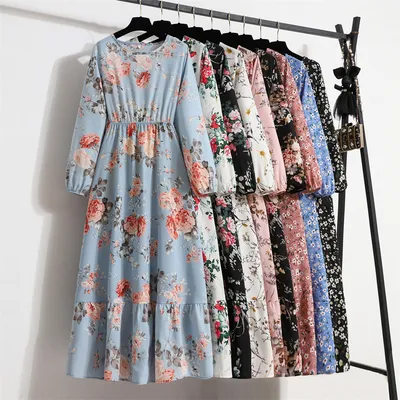 Women's Round Neck Long Sleeve Pullover Floral Dress
