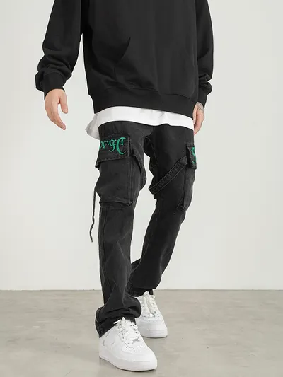 Men's Fashion And Comfort Embroidered Lace-up Micro Flared Jeans