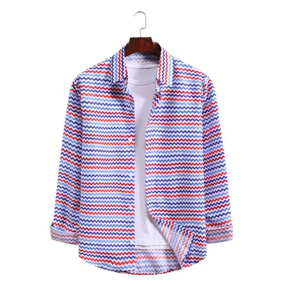 Striped Printed Long-sleeved Shirt Plus Size Wave Pattern
