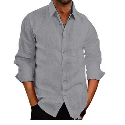 Fall Lapel Solid Color Long-sleeved Button Cotton And Linen Men's Shirt