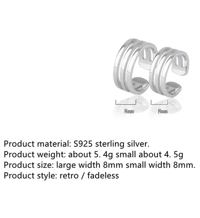 S925 Silver Jewelry Three-line Women's Ring Retro Simple All-matching Couple Style