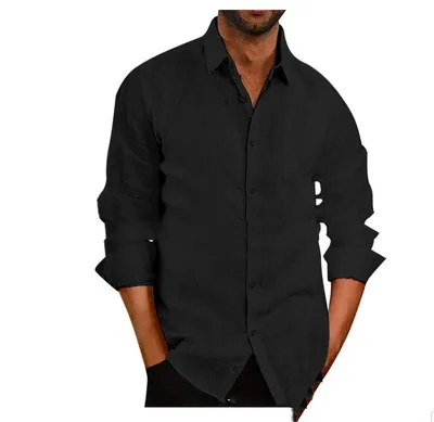 Fall Lapel Solid Color Long-sleeved Button Cotton And Linen Men's Shirt