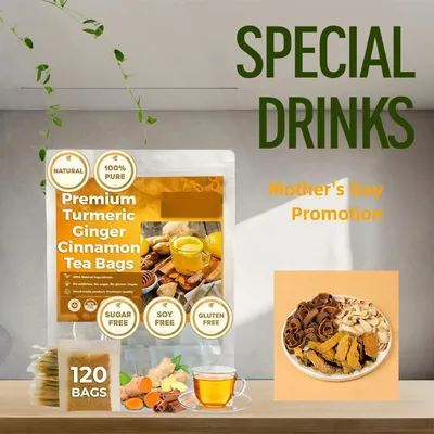 120 Bags Turmeric Ginger Cinnamon Tea Bags, Anti-Inflammatory Herbal Tea, Caffeine Sugar Gluten Free Vegan Wellness Drink