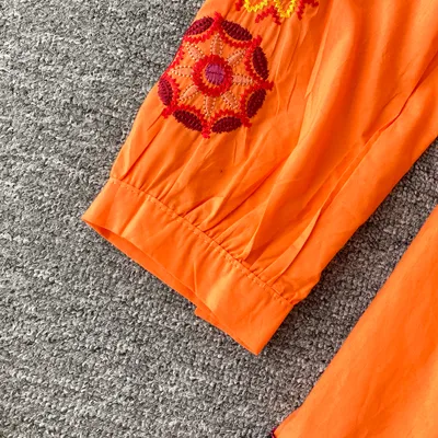Women's Boho Embroidered V-Neck Loose Ruffle Long Skirt