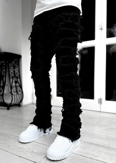 Ins Fringes Ripped Trousers Individual Patched Pants Long Tight Fit Stacked Jeans For Mens Clothing