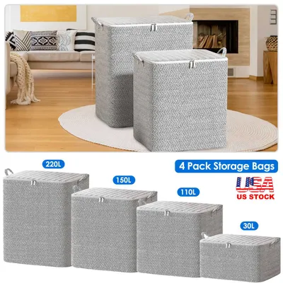 4 Pack Foldable Non Woven Storage Bags Closet Organizers Wardrobe Sorting Baskets With 2 Handles Dustproof Lid Zipper For Clothes Quilt 30L 110L 150L 220L