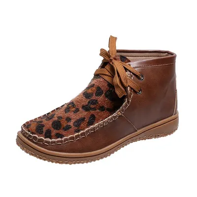 Flat round toe leopard print women's short boots