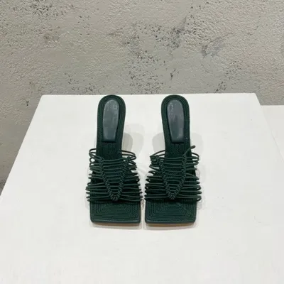 Square-toe High-heel Sandals In Woven Mesh And Leather