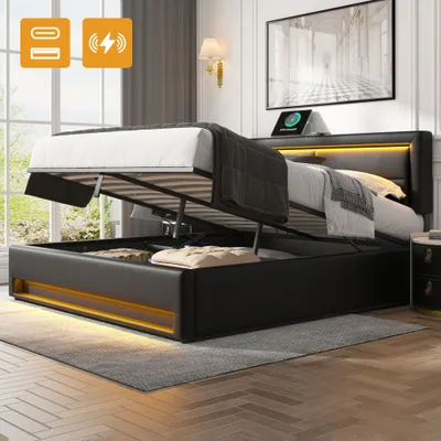 Upholstered Bed 150 X 200 Cm, King Size Bed-5ft,with USB Port Supports Wireless And Wired Charging, With LED Lighting And Storage Space, Without Mattress, PU Lychee Pattern, Black