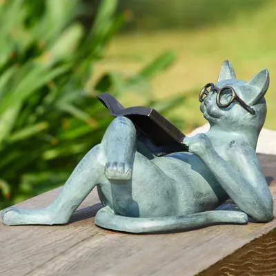Garden Resin Craft Sculpture Literature Cat Reading Book