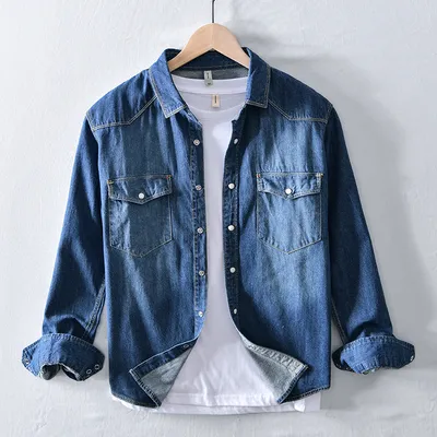 Simple Men's Long-sleeved Denim Shirt In White