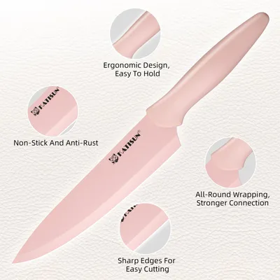 Kitchen Knife Set With Block, 14 Piece Pink Non-Stick Paint Coating Stainless Steel Knives Set, Anti-Rust And Dishwasher Safe, 12 Knives With Kitchen Shears And Block Pink