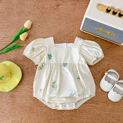 Thin Cotton Embroidery Puff Short Sleeve Baby Bodysuit Jumpsuit