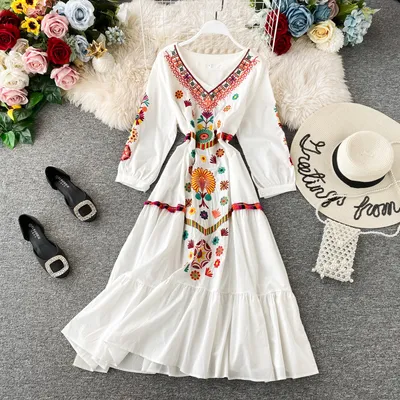 Women's Boho Embroidered V-Neck Loose Ruffle Long Skirt