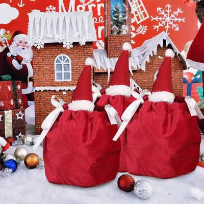 5 Packs Christmas Treat Bags With Drawstring 3D Xmas Santa Hat Gift Wrapping Bags Velvet Candies Goodie  Bag For Christmas Birthday Wedding Party Favor Supplies