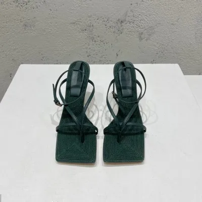 Square-toe High-heel Sandals In Woven Mesh And Leather