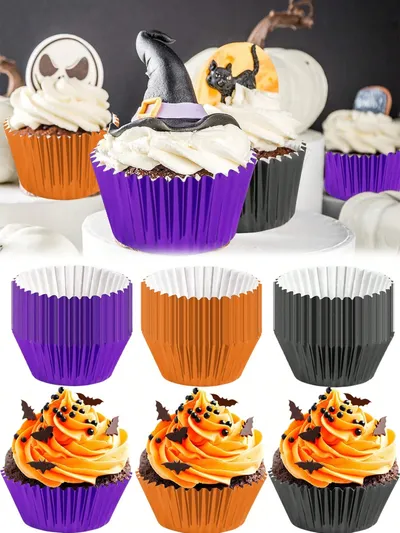 300 Pcs Halloween Foil Cupcake Liners Black Purple Orange Foil Metallic Cupcake Wrappers Muffin Liners For Halloween Party Supplies Table Decor