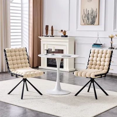 Set Of 2 Beige Puffy Bubble Chair Ball Chain Chair Velvet Dining Chairs With Black Legs, Modern Tufted Accent Chairs For Dining Room & Kitchen