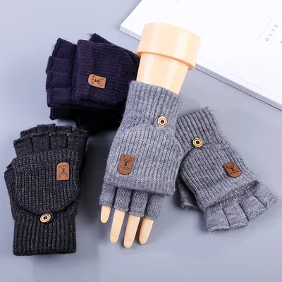 Men's Half Finger Gloves Winter Knitted Wool Fingerless