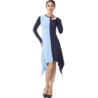 Round Neck Color Block Long Sleeve Irregular Dress