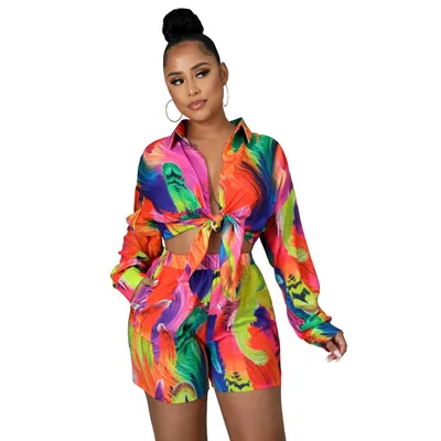 Women's Fashion Casual Printed Shirt Shorts Two Piece Set